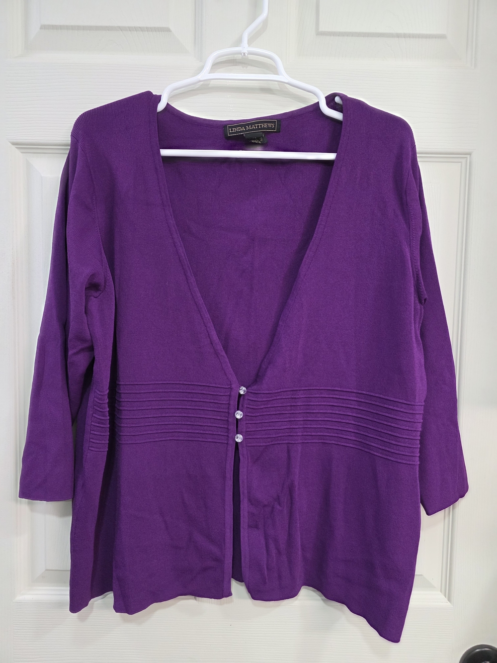Linda Matthews Purple V-Neck Button-Front Cardigan